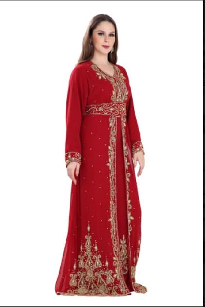 Kaftan for Women Georgette Red Abaya Kaftan Moroccan Hand Beaded
